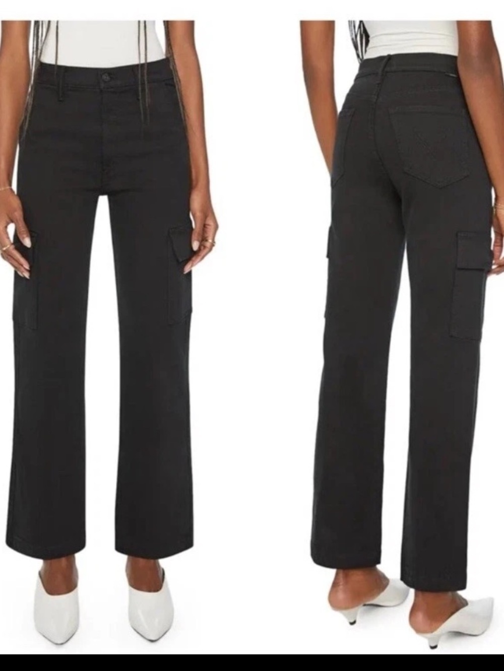 MOTHER Straight Up Rambler Cargo Pitch Black Denim High rise Stretch Jeans Sz 30